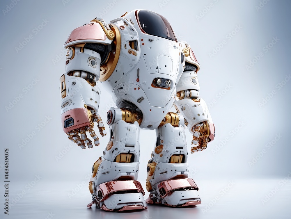 Poster futuristic humanoid robot suit with intricate design and metallic details standing against a plain b
