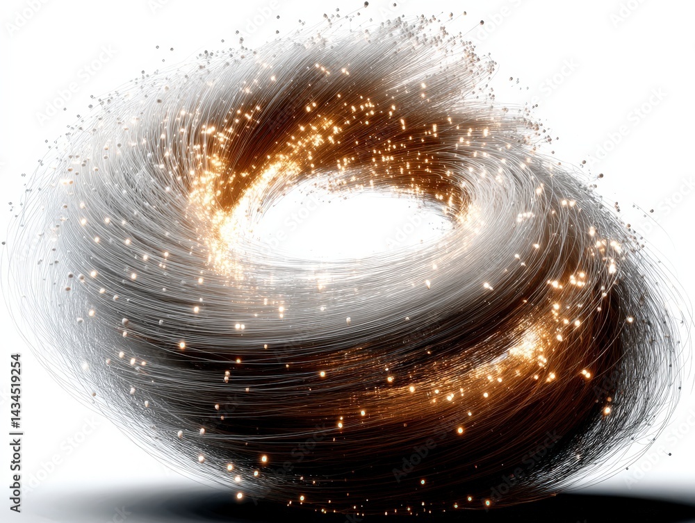 Poster abstract swirling design with light particles creating a dynamic, energetic visual effect.