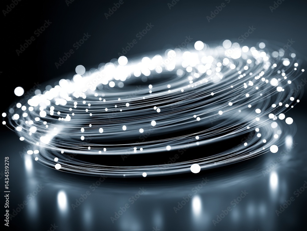Poster abstract light swirl with glowing particles on a dark background.