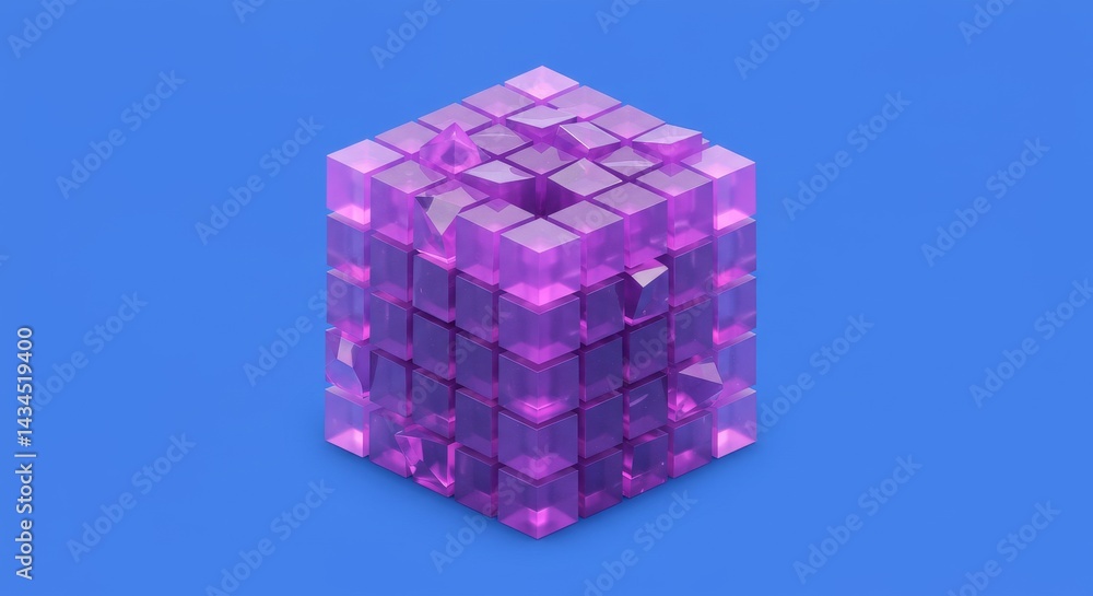 Poster 3d holographic cube crystal blocks purple texture - abstract 3d of a purple holographic cube compose