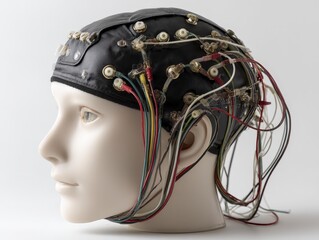 a neurofeedback sensing cap A futuristic headgear with wires for brainwave monitoring and analysis.