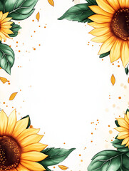 bright drawing of sunflowers on a milky background with a place for congratulations in the center, mockup of an invitation or congratulations, copy space