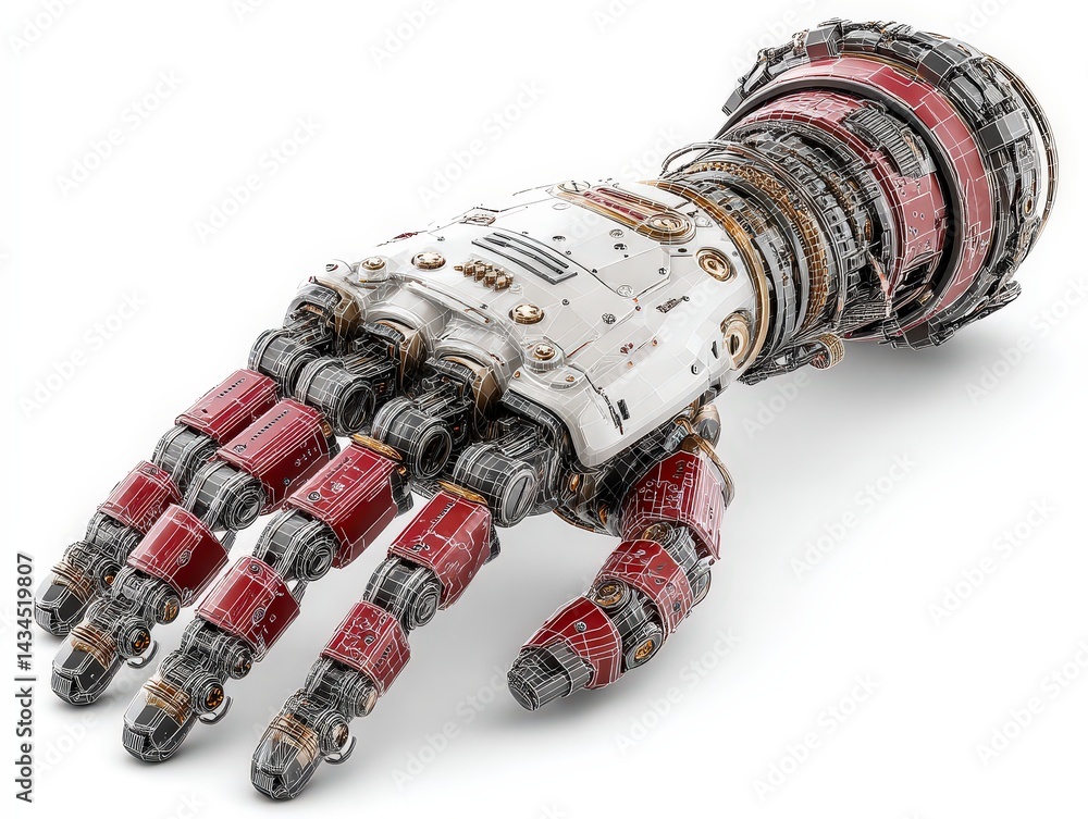 Poster futuristic robotic hand with intricate mechanical details and design elements.