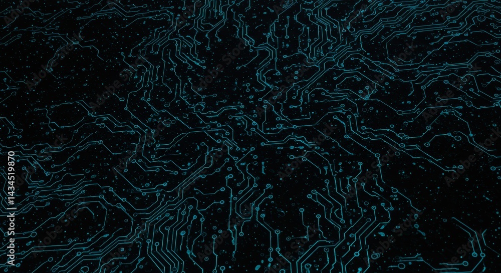 Poster abstract circuitry - neon blue circuitry pattern on black background symbolizing technology, data fl