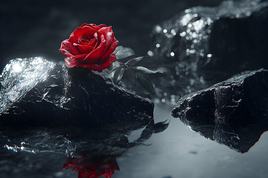 A captivating red rose rests on dark rocks, reflecting in a pool of water.