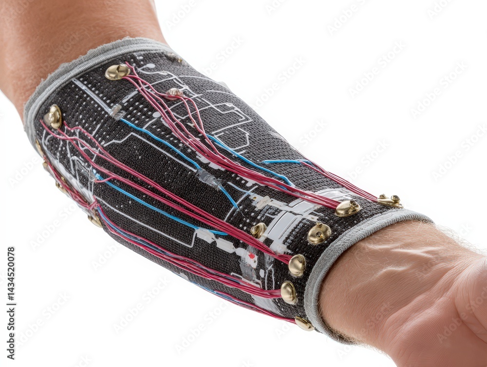 Poster futuristic arm with circuitry and wires, blending technology and anatomy.