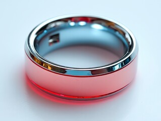Stylish metallic smart ring with a gradient red and silver design, perfect for fashion or jewelry displays.