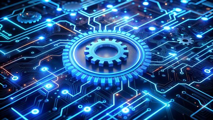 Fototapeta premium 3D Blue Glowing Gear on Circuit Board - Technology Integration and Automation Icon Design