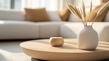 living room in minimalist style. bright living room in pastel cream tones with natural wood furniture. close up wooden table surface in sunny living room