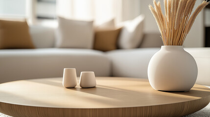 living room in minimalist style. bright living room in pastel cream tones with natural wood furniture. close up wooden table surface in sunny living room