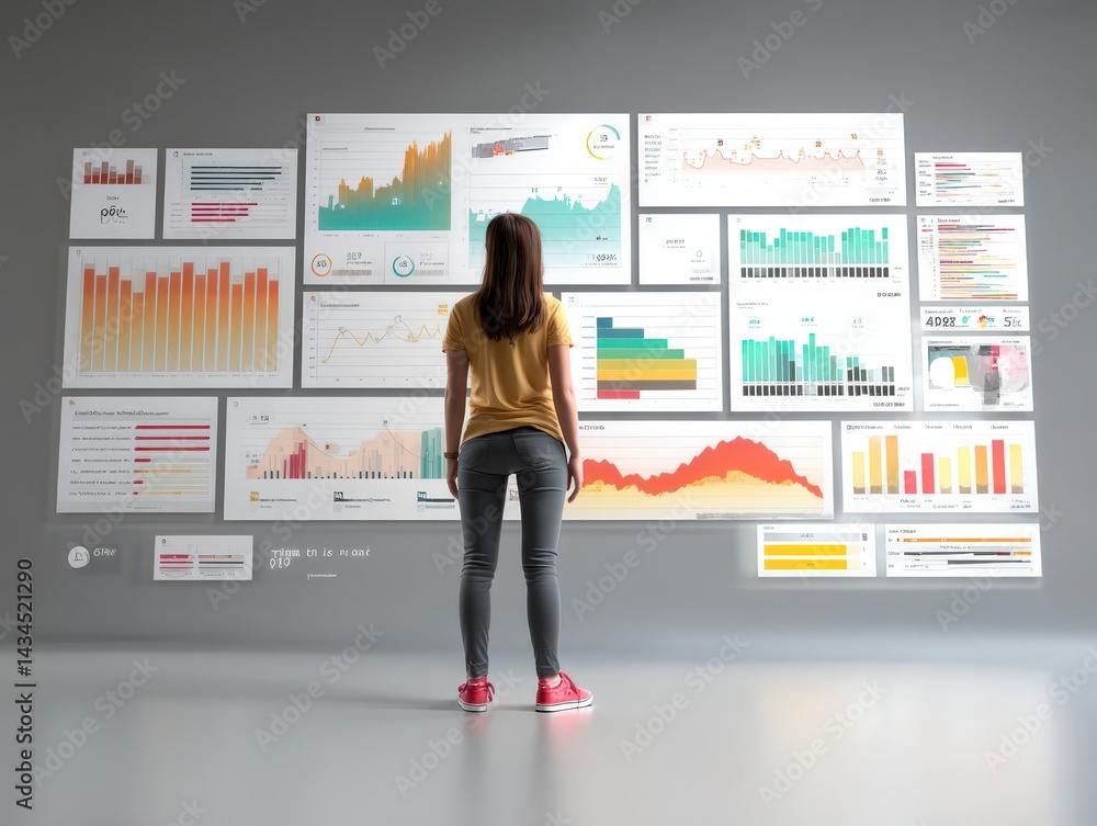 Poster a person analyzes data visualizations on a wall of graphs and charts.