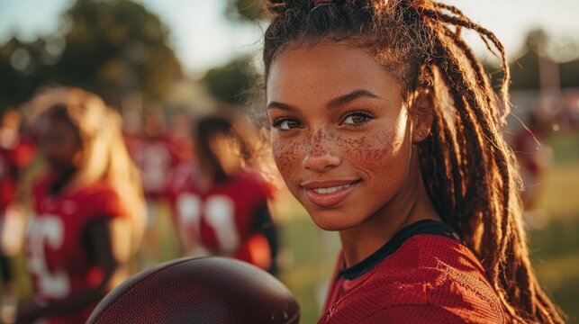 A woman with dreadlocks is smiling and holding a football