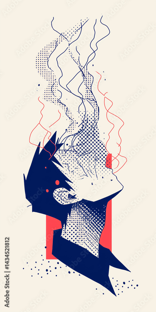 Poster Contemplation & Thought: Abstract portrait depicts a person in deep contemplation, with lines and forms creating a dynamic visual narrative. The use of color and texture adds depth.