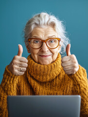 Portrait of an elderly woman close-up with a computer and
gesture thumb up, an elderly person using a computer