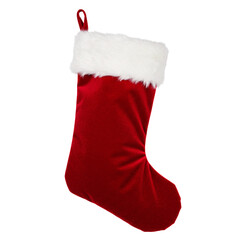 Red Velvet Christmas Stocking with White Fur Trim on Transparent Background