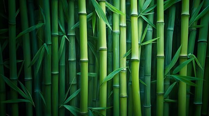 Obraz premium Lush green bamboo stalks form a dense natural wall.