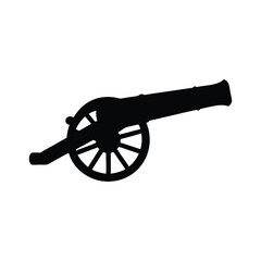 Black Cannon Silhouette with Large Spoked Wheel and Long Barrel, Historical Artillery Illustration, Military Weapon Symbol, War Machine, Classic Vintage Warfare Equipment Design