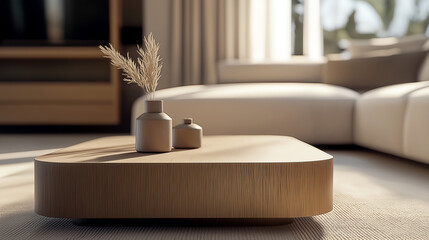 living room in minimalist style. bright living room in pastel cream tones with natural wood furniture. close up wooden table surface in sunny living room