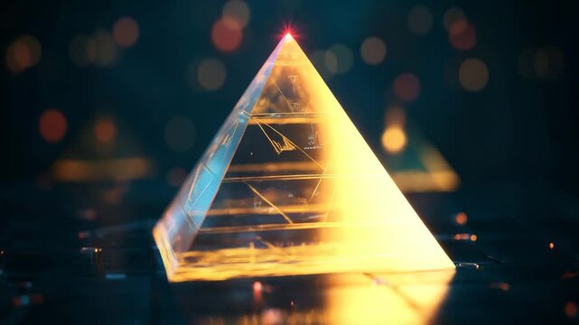Rotating hologram of glowing layered pyramid infographic