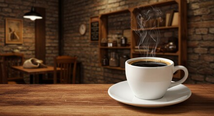 Fototapeta premium Aromatic Coffee in Cozy Cafe - Steaming cup of coffee on wooden table, cozy cafe background. Perfect for menus, blogs, and websites