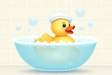 Charming Duck in Modern Glass Tub Vector Illustration - Minimalist Bath Scene with Soap Bubbles and Soft Palette