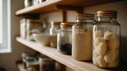 Zero Waste Pantry Shelves with Glass Containers for Dry Foods