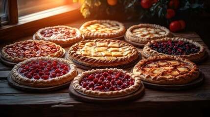 Fototapeta premium Assorted pies on rustic wooden table