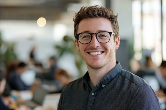 A smiling man with glasses in a busy office environment, showcasing a professional and friendly demeanor.