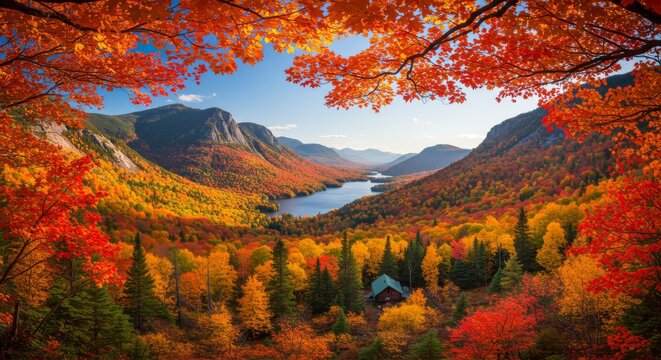 Autumnal Mountain Valley Landscape - Breathtaking view of a valley nestled in mountains, ablaze with vibrant autumn foliage. A cozy cabin sits nestled among the colorful trees