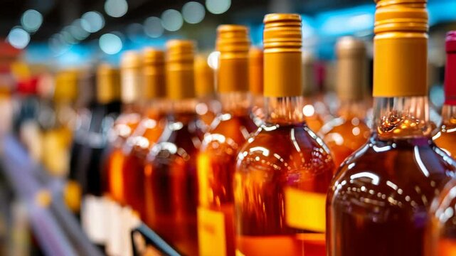 Rows of liquor bottles with golden lids and amber liquids fill shelves in store, offering variety and alcoholic beverages for purchase, background blurred.