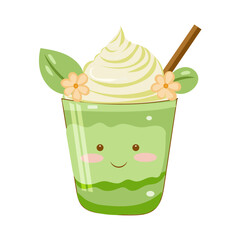 Matcha latte kawaii-style flat vector illustration, green layered drink in glass with creamy milk and frothy matcha top, smiling cup, small bowl of matcha powder, sakura blossom decoration vector flat