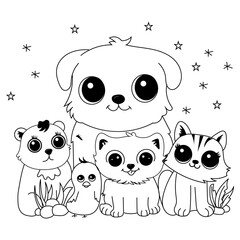 Coloring page for kids animals, coloring book with pets cat, puppy, duckling, doodle vector flat