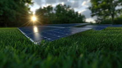 Solar panels on green grass at sunset. Lush greenery surrounds the panels, bathed in golden sunlight