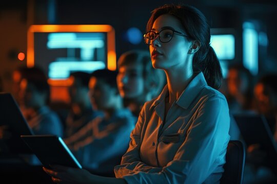 A young woman with glasses attentively participates in a late-night tech presentation or workshop, holding a tablet.
