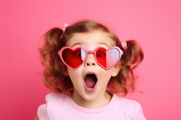 A surprised little girl with curly hair wears pink heart-shaped sunglasses against a pink background.