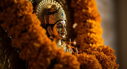Celebrating Sita Navami: A golden idol adorned with marigold garlands.