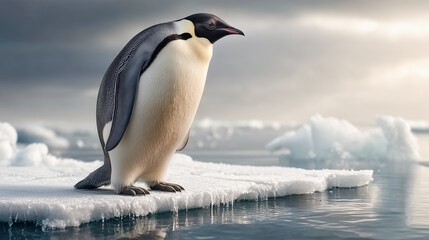 Fototapeta premium A majestic emperor penguin standing on icy surface, surrounded by floating glaciers under dramatic cloudy sky, symbolizing wildlife, cold habitats, and Antarctic nature beauty.