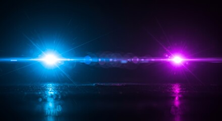 Obraz premium Blue and Purple Light Flares on Dark Background - Abstract symbolizing energy, duality, technology, light, and cosmic phenomena. Bokeh effects and lens flares create a dynamic visual
