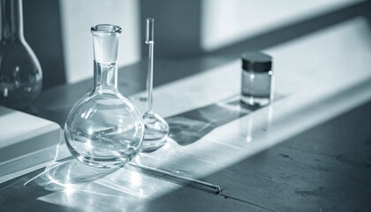 Still life of vintage scientific glassware in the light on a table