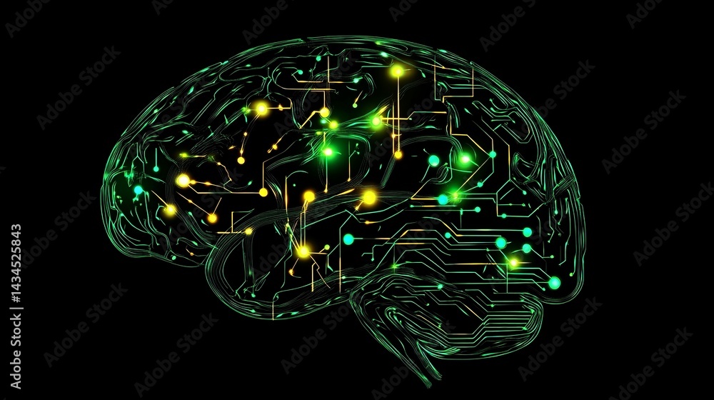 Aufkleber abstract brain circuitry digital art green yellow neural network technology background futuristic ar