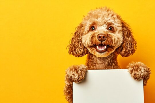 Dog posing mockup. Isolated dog on a solid attire yellow background. Ð¡ute adult dog poodle hold in front paws a template - large white boulevard sign. Dog promo image. Pet billboard photo.