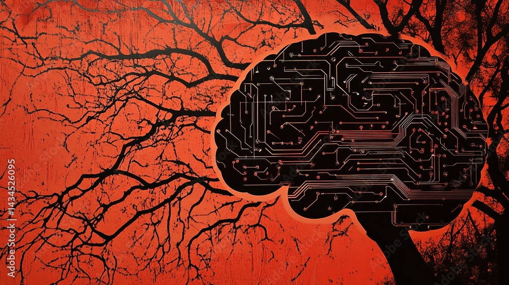 Poster abstract brain circuitry digital art red black tree branches technology neural network artificial in