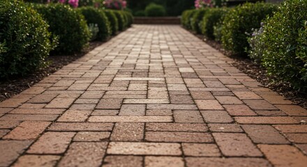 Brick Pathway Garden Walkway - A charming brick pathway winds through a neatly manicured garden, bathed in warm sunlight. The path is made of reddish-brown bricks