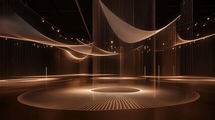 Intricate, luminous art installation suspended within a dark space.