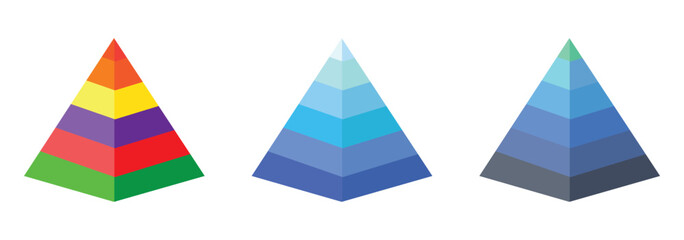 Pyramids line icon set for infographics. Triangles outline with 3, 4, 5 levels. Hierarchy design graphic elements. Vector isolated on white