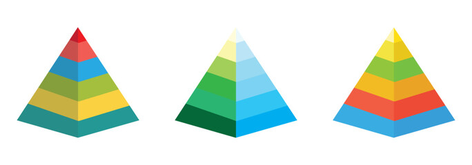 Pyramid infographic blue set. Triangle hierarchy data segments collection. Vector business illustration isolated on white