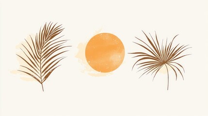 Tropical palm leaves and sun design element, minimalist style, for decoration