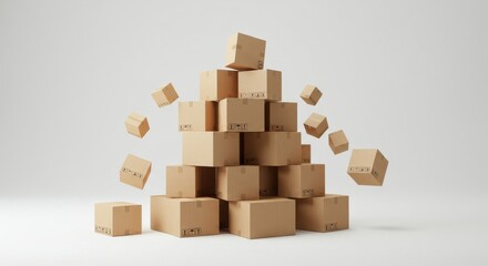 Cardboard Pyramid of Packages - A surreal of numerous cardboard boxes stacked in a pyramid shape, some boxes are falling, symbolizing e-commerce, shipping, delivery, logistics, and growth