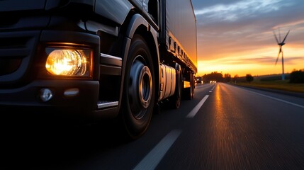 Naklejka premium Heavy vehicle on highway at sunset. Modern truck driving on a road