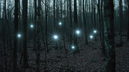 Mysterious glowing orbs illuminate a dark forest.